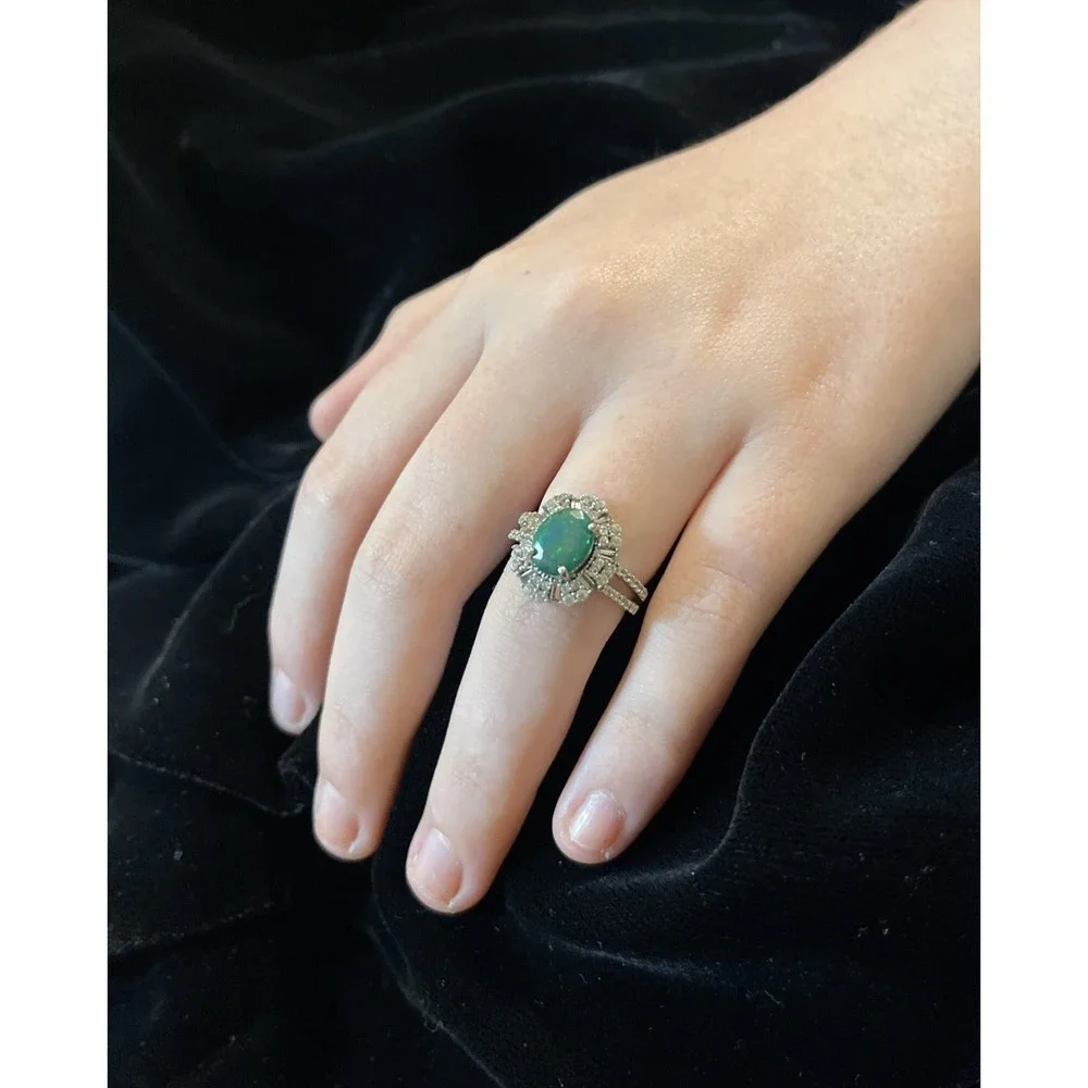 JTV‎ Green Opal 9.25 Sterling Silver Baguettes Zirconia Accent Ring Size 5